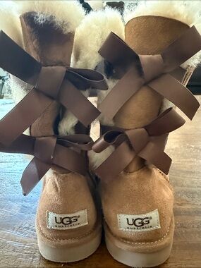 UGG Chestnut Suede Shearling Boots with Brown Ribbon Bows